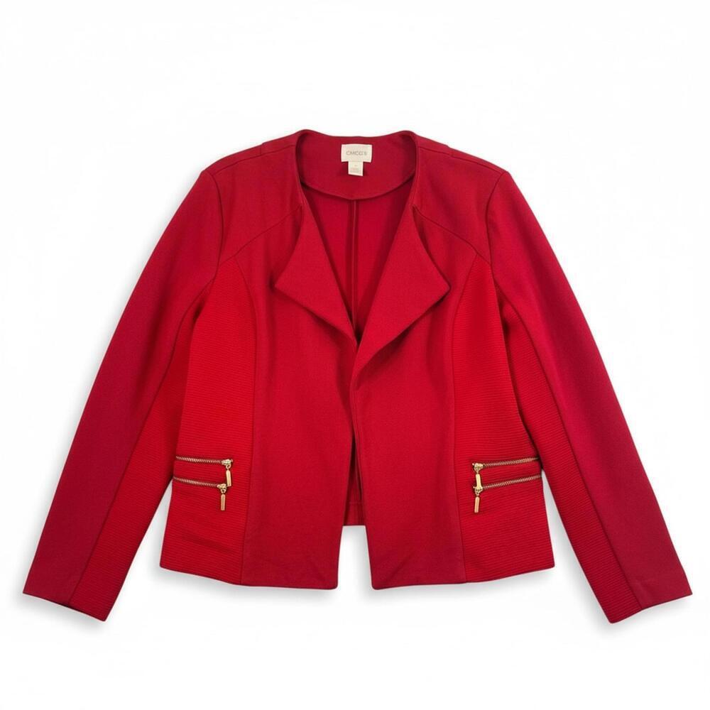 Chico’s Red Open Front Jacket Size 2 Cropped Knit Blazer Gold Zip Pockets - Picture 1 of 6